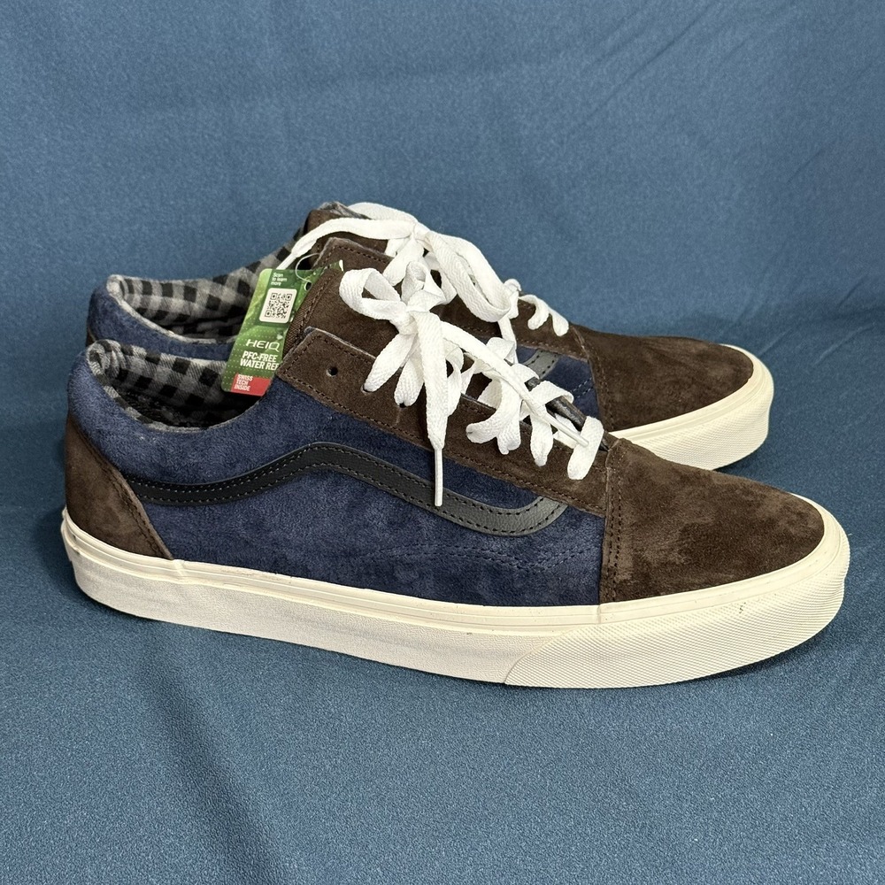 Vans Old Skool Mens 11 Pig Suede Plaid Brown Navy Blue Water Repellent 751505